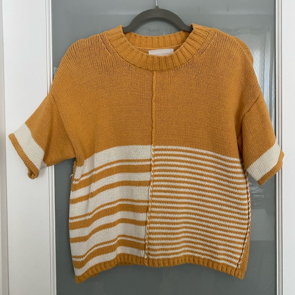 Anthropologie Corey Lynn Calter Yellow and White  Short Sleeve Sweater